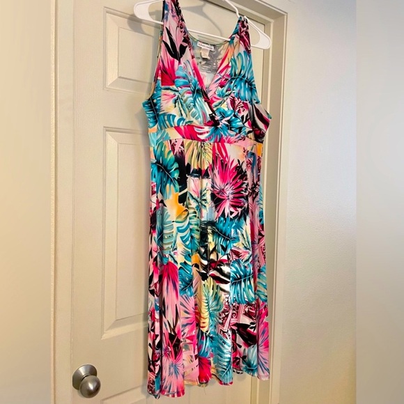 EUC Gorgeous Multicolor Sunset Tropical Palm Leaf Print Flattering MIDI Dress - Picture 8 of 12